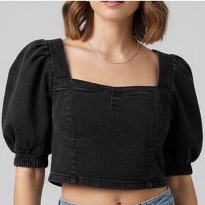 H&M Divided Faded Black Denim Corset Top Puff Sleeve Zipper Front Crop Size M